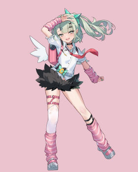  1girl :d absurdres bag black_bow black_choker black_skirt blush bow breasts choker feathered_wings full_body green_bow green_eyes green_hair green_nails hair_ornament hairclip heart heart_hair_ornament highres legs legs_apart long_hair looking_at_viewer microskirt nail_polish open_mouth pink_background polka_dot polka_dot_bow school_bag shirt short_sleeves side_ponytail simple_background single_bare_leg single_thighhigh skindentation skirt small_breasts smile solo standing sunna_(zenless_zone_zero) thigh_strap thighhighs thighs v v_over_head white_shirt white_wings wings x_hair_ornament zenless_zone_zero zhongwu_chahui 