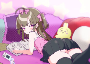  1girl absurdres ahoge ass bad_tag bare_shoulders black_legwear black_skirt black_thighhighs blunt_bangs blush brown_hair camisole cellphone closed_mouth feet_out_of_frame from_behind hair_ribbon highres huge_ass jamilsaga kyojiri_loli loli long_hair looking_at_viewer looking_back lying manga_(object) mesugaki msgk_chan on_stomach original phone pillow pink_camisole pink_eyes pink_ribbon pleated_skirt reading ribbon skirt smartphone solo spaghetti_strap star_(symbol) thick_thighs thighhighs thighs tsurime twintails 