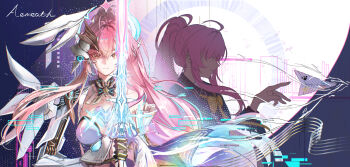  1girl absurdres aemeath_(wuthering_waves) ahoge beamed_eighth_notes breasts character_name chinese_commentary closed_mouth commentary_request glitch highres holding holding_sword holding_weapon long_hair looking_at_viewer medium_breasts minglu_(gululu) multiple_views musical_note paper_airplane pink_hair ponytail rapier sword tacet_mark_(wuthering_waves) weapon wuthering_waves yellow_eyes 