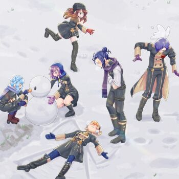  2boys 4girls ankle_boots annette_fantine_dominic bernadetta_von_varley black_boots black_hair black_hat black_pants black_scarf black_skirt blue_hair blue_hood boots breasts brown_boots brown_hair building_snowman closed_eyes commentary dorothea_arnault english_commentary felix_hugo_fraldarius fire_emblem fire_emblem:_three_houses from_above garreg_mach_monastery_uniform gloves hair_bun hat high-waist_skirt highres hood hood_up knee_boots long_sleeves lorenz_hellman_gloucester lying marianne_von_edmund medium_breasts mittens multiple_boys multiple_girls nintendo occultoctoling on_back on_ground orange_hair outdoors pants prank purple_gloves purple_hair purple_mittens red_gloves scarf shirt short_hair single_hair_bun skirt small_breasts snow snowball snowman squatting standing white_shirt winter 