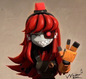  1girl alarm_siren arm_behind_back arm_cannon artist_name black_dress borrowed_character checkered_clothes clip_studio_paint_(medium) colored_skin commentary dress english_commentary fewer_digits grey_skin grin hair_tubes half-closed_eye hand_up heterochromia highres joints long_hair looking_at_viewer mimi-sentry_(flyingpiggles) no_nose original personification red_eyes red_hair robot robot_girl robot_joints sharp_teeth signature simple_background smile solo symbol-shaped_pupils team_fortress_2 teeth upper_body wanderer-2000 waving weapon wrench yellow_eyes 