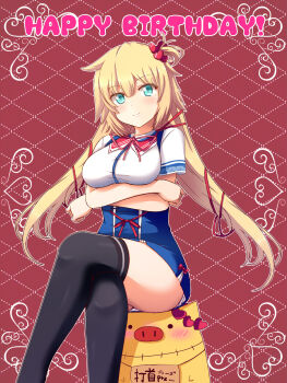  akai_haato akai_haato_(1st_costume) arms_under_breasts black_thighhighs blonde_hair blue_eyes blue_skirt breasts closed_mouth crossed_legs haaton_(akai_haato) hair_ornament hair_ribbon happy_birthday heart heart_hair_ornament highres hololive large_breasts long_hair looking_at_viewer mono_(mono60) one_side_up red_background red_ribbon ribbon shirt skirt smile solo thighhighs virtual_youtuber white_shirt 