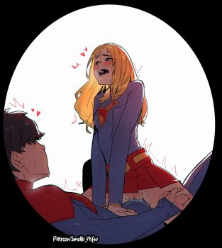  2girls black_hair blonde_hair blush bodysuit cowgirl_position dc_comics dc_extended_universe dc_universe_(franchise) futanari highres long_hair multiple_girls open_mouth red_skirt short_hair simple_background skirt smollb_nsfw straddling supergirl superman_(2025) superman_(series) the_flash_(movie) 