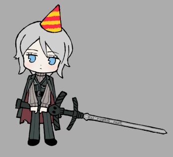  1girl black_pants black_shoes black_veil blue_eyes brown_sweater closed_mouth coat coat_on_shoulders commentary faust_(project_moon) grey_background hat limbus_company long_sleeves looking_at_viewer official_art pants party_hat project_moon shoes short_hair simple_background solo sweater sword two-sided_coat two-sided_fabric veil weapon white_hair zweihander 