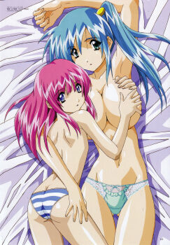  00s 2girls absurdres age_difference aqua_hair armpits ass back bare_back bare_shoulders bed blue_eyes blue_hair bow bow_panties breasts butt_crack covering_breasts covering_privates crease divergence_eve flat_chest from_above grabbing_another's_breast green_eyes green_panties groping highres hug huge_breasts kotoko_01 kureha_misaki lace lace_panties large_breasts legs loli long_hair looking_back lying multiple_girls official_art on_back on_side onee-loli panties pink_hair purple_hair scan scan_artifacts side_ponytail striped_clothes striped_panties topless_female underwear yamashita_toshinari yuri  rating:Sensitive score:48 user:docwatson42