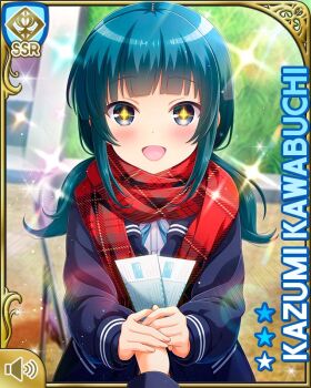  1girl :d aqua_hair black_jacket blue_jacket blue_neckwear blue_ribbon blue_skirt card_(medium) chair character_name close-up day female_focus girlfriend_(kari) grey_eyes holding jacket kawabuchi_kazumi official_art open_mouth outdoors plaid_clothes plaid_skirt qp:flapper red_scarf ribbon scarf school school_uniform shirt sitting skirt smile solo tagme ticket twintails white_shirt 