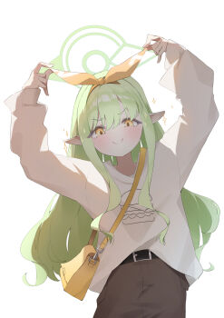  &gt;:) 1girl absurdres arms_up backlighting bag belt black_belt blue_archive blush brown_pants buckle burger_print c: closed_mouth commentary_request cowboy_shot doyagao green_hair hair_ribbon halo highres hikari_(blue_archive) hikari_(mom&#039;s_touch)_(blue_archive) ixia559 long_hair long_sleeves looking_at_viewer official_alternate_costume orange_ribbon pants pointy_ears print_shirt ribbon shirt shoulder_bag sidelocks simple_background sleeves_past_wrists smile smug solo sparkle split_mouth sweater upper_body v-shaped_eyebrows very_long_hair white_background white_shirt white_sweater yellow_eyes 