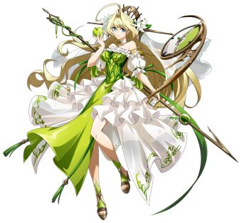  1girl adankelmo_(langrisser) ahoge apple bare_shoulders big_hair blonde_hair blue_eyes breasts clock closed_mouth collarbone detached_collar dress floating floating_clothes floating_hair floating_object flower food frilled_dress frills fruit full_body game_cg gold_necklace green_apple green_dress green_ribbon green_sandals green_trim hair_between_eyes hair_flower hair_intakes hair_ornament headpiece high_heel_sandals highres holding holding_behind_back holding_food holding_fruit holding_polearm holding_polearm_behind_back holding_weapon holding_weapon_behind_back huge_ahoge impossible_clothes impossible_dress jewelry langrisser langrisser_mobile layered_dress leg_up legs long_hair looking_at_viewer medium_breasts multicolored_dress necklace off-shoulder_dress off_shoulder official_alternate_costume official_art polearm puffy_sleeves ribbon sandals second-party_source see-through_clothes see-through_veil short_dress simple_background smile solo spear standing standing_on_one_leg strapless strapless_dress tachi-e transparent_background veil very_long_hair weapon white_dress white_flower white_veil 