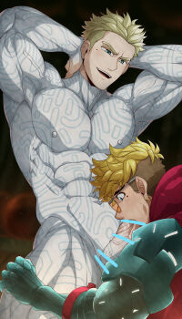  2boys abs absurdres aqua_eyes arms_behind_back bara blonde_hair bodysuit brothers censored collarbone colored_eyelashes covered_erect_nipples fellatio hair_slicked_back highres hood hoodie kuroshinki large_pectorals large_penis looking_at_another looking_at_penis looking_down male_focus manly mechanical_arms millions_knives mole mole_under_eye multiple_boys muscular muscular_male open_mouth oral pectoral_cleavage pectorals penis penis_awe penis_on_cheek red_hoodie short_hair siblings simple_background single_mechanical_arm smirk spiked_hair surprised teeth trigun trigun_stampede twins undercut vash_the_stampede veins veiny_arms veiny_penis white_bodysuit yaoi 