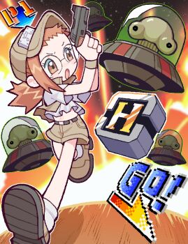  1girl :o alien baseball_cap belt black_belt brown_eyes brown_hair brown_shorts brown_vest castussan crop_top crossover explosion explosive fio_germi fujiwara_hazuki full_body gameplay_mechanics glasses gun handgun hat heavy_machine_gun highres holding holding_gun holding_weapon machine_gun mars_people metal_slug midriff navel ojamajo_doremi open_mouth pixel_art ponytail revolver round_eyewear running shirt shoes short_shorts short_sleeves shorts socks solo space spacecraft tentacles two-handed ufo vest weapon white_shirt white_socks wristband 