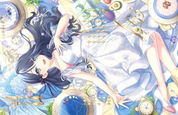  1girl :d alarm_clock analog_clock avocado_(love_live!) black_hair blue_eyes blueberry cake clock collarbone dated food fork fruit game_cg high_heels highres link!_like!_love_live! long_skirt looking_at_viewer love_live! murano_sayaka murano_sayaka_(18th_birthday) nasu-san_(love_live!) non-web_source official_art open_mouth see-through_clothes see-through_sleeves shirt shoes short_sleeves sideways skirt skirt_set smile solo table_knife teeth tomati_(love_live!) upper_teeth_only virtual_youtuber white_shirt white_shoes white_skirt 