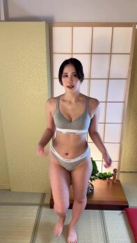  1girl animated audible_music barefoot black_hair bra breasts casual changing_clothes cleavage clenched_hands curvy dancing dress full_body grey_bra grey_panties indoors japanese_(nationality) lips looking_at_viewer low_ponytail model navel panties pants ponytail real_life ririkana shirt small_breasts smile sound tagme thong underwear video white_dress 