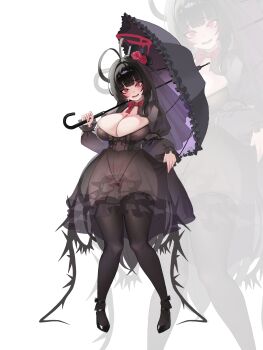  1girl alternate_costume antenna_hair black_dress black_hair black_panties black_shoes black_thighhighs black_wings blood blood_halo blue_archive blush bow bowtie breasts cleavage commentary_request dress flower frilled_dress frills full_body halo hat highleg highleg_panties highres holding holding_umbrella juliet_sleeves korean_commentary large_breasts liquid_halo long_hair long_sleeves looking_at_viewer low_wings micro_panties mini_hat musclexm nervous_smile open_mouth panties puffy_sleeves red_bow red_bowtie red_eyes red_flower red_halo red_rose rose see-through_clothes see-through_dress see-through_veil shoes skirt_hold smile standing thighhighs top_hat tsurugi_(blue_archive) umbrella umbrella_over_shoulder underwear veil very_long_hair wings zoom_layer 