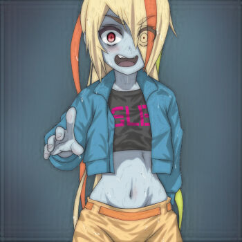  1girl belt black_background black_shirt blonde_hair blue_jacket blue_skin blush breasts clothes_writing colored_skin eyes_visible_through_hair fangs green_hair hair_over_one_eye index_finger_raised jacket long_hair long_sleeves looking_at_viewer medium_breasts midriff multicolored_hair navel nikaidou_saki open_clothes open_jacket open_mouth pants reaching reaching_towards_viewer red_eyes red_hair shirt smile standing streaked_hair t_jiroo_(ringofriend) teeth wet wet_clothes wet_jacket wet_pants wet_shirt yellow_belt yellow_pants zombie zombie_land_saga  rating:Sensitive score:2 user:cpee