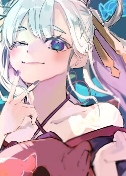  1girl absurdres bare_shoulders blue_background blue_eyes blue_kimono cho_kaguya-hime! closed_mouth colored_inner_hair commentary_request hair_ornament hair_rings hair_stick hand_up highres japanese_clothes kimono multicolored_hair nail_polish off_shoulder one_eye_closed pink_hair purple_eyes purple_nails runami_yachiyo solo sunatani v white_hair 