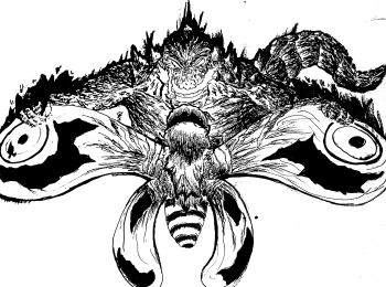 absurdres bug godzilla godzilla_(minus_one) godzilla_(series) godzilla_minus_one godzilla_minus_zero greyscale highres immobilization insect insect_wings kaiju monochrome moth moth_wings mothra non-web_source powering_up saturated tail toho_(movie_company) traditional_media wings