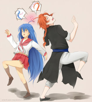  >_< 00s 1boy 1girl ahoge anastasia_vyborova ayane-ninja blue_hair crossover closed_eyes gintama izumi_konata kamui_(gintama) lucky_star mole mole_under_eye ninja pleated_skirt red_hair skirt yato_kamui 