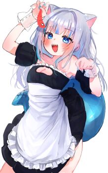  1girl animal_ears apron black_dress blue_eyes blush breasts cat_cutout cleavage cleavage_cutout clothing_cutout commentary_request cowboy_shot detached_sleeves dress fins fish_tail food gawr_gura grey_hair hands_up haro_(1026_86) highres holding holding_food hololive hololive_english imminent_eating long_hair multicolored_hair open_mouth shark_girl shark_tail short_sleeves simple_background solo strapless strapless_dress streaked_hair tail virtual_youtuber white_apron white_background white_wrist_cuffs wrist_cuffs 