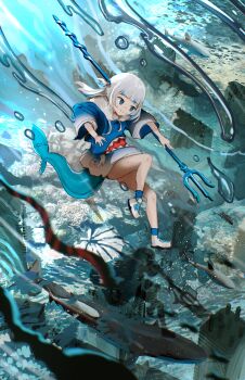  1girl absurdres advarcher animal_hood blue_hoodie blue_socks blue_streaks fins fish_tail gawr_gura gawr_gura_(1st_costume) grey_hair highres holding holding_polearm holding_weapon hololive hololive_english hood hoodie looking_at_viewer medium_hair polearm shark_girl shark_hood shark_tail shoes smile socks solo tail trident two_side_up virtual_youtuber water weapon white_shoes 