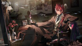  1boy alcohol ameinu animal_ears arknights arm_on_knee arm_rest asymmetrical_sidelocks bellone_(arknights) belt belt_buckle black_gloves board_game book brown_suit buckle chain chain_necklace chair chess chess_piece chinese_commentary coat commentary_request copyright_logo copyright_notice crossed_bangs crossed_legs cup diamond_(shape) diamond_facial_mark dress_pants dress_shirt drinking_glass facial_mark fingerless_gloves flower formal_clothes gloves hair_between_eyes hair_over_shoulder highres holding holding_lighter indoors infection_monitor_(arknights) jacket jewelry knife lighter logo long_hair low_ponytail multicolored_hair multiple_belts necklace official_art on_chair open_book oxfords pants partially_unbuttoned picture_frame ponytail purple_eyes red_coat red_hair rose shirt sidelocks smoke smoke_trail solo streaked_hair striped_clothes striped_jacket striped_pants suit suit_jacket tail unworn_coat variant_set vase vertical-striped_clothes vertical-striped_jacket vertical-striped_pants white_hair white_shirt wine wine_glass wolf_boy wolf_ears wolf_tail zippo_lighter 