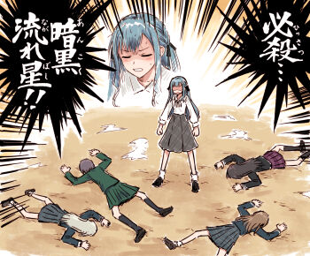  5girls bad_id bad_twitter_id bang_dream! bang_dream!_it's_mygo!!!!! black_jacket black_ribbon black_shoes blue_hair blue_shirt clenched_hands clenched_teeth closed_eyes collared_shirt crychic_(bang_dream!) face_down furigana green_jacket grey_skirt hair_ribbon highres jacket long_hair long_sleeves lying miniskirt multiple_girls nagasaki_soyo nervous_sweating on_stomach plaid_clothes plaid_skirt projected_inset red_skirt ribbon school_uniform shiina_taki shirt shoes skirt socks standing sweat takamatsu_tomori teeth togawa_sakiko translation_request tsukinomori_school_uniform v-shaped_eyebrows wakaba_mutsumi white_shirt white_socks yukitake_(bullfalk) 