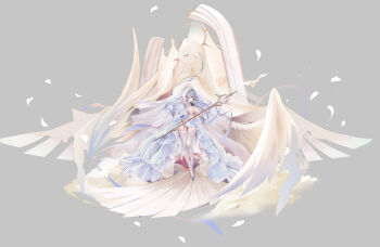  1girl absurdres arm_up banchiyuebai bare_shoulders between_breasts blue_eyes blue_ribbon breasts cleavage dress ear_piercing full_body hair_ribbon highres holding holding_staff huge_breasts lace lace-trimmed_thighhighs lace_trim layered_dress long_hair looking_at_viewer original piercing ribbon shoes showgirl_skirt solo staff strap_between_breasts thighhighs veil wedding_dress white_dress white_hair white_petals white_shoes white_theme white_thighhighs white_veil 