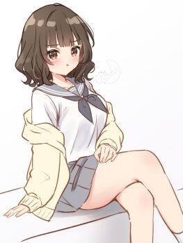 1girl :t blunt_bangs breasts brown_hair cardigan closed_mouth collarbone commentary_request crossed_legs feet_out_of_frame grey_neckerchief grey_sailor_collar grey_skirt hanazora_satsuki highres large_breasts long_sleeves looking_at_viewer medium_hair miniskirt neckerchief off_shoulder original pleated_skirt pout sailor_collar school_uniform serafuku shirt simple_background sitting skirt solo thighs wavy_hair white_background white_shirt yellow_cardigan rating:Sensitive score:2 user:danbooru