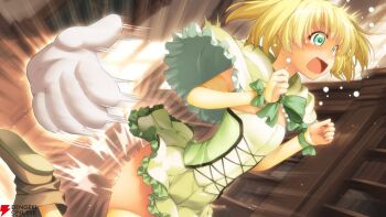  1girl ^^^ atelier-moo blonde_hair blurry blurry_background blush bookshelf boots bouncing_ass bow breasts brown_boots capelet clenched_hands crying crying_with_eyes_open disembodied_hand elbow_gloves emphasis_lines frilled_skirt frills game_cg gloves green_bow green_capelet green_eyes green_skirt hair_between_eyes hands_up indoors jumping maria_short miniskirt motion_lines official_art open_mouth pleated_skirt punishment ribbon second-party_source shirt short_twintails skirt small_breasts solo spanking strapless strapless_shirt tears thighhighs twintails underbust wavy_hair wide-eyed yellow_gloves yellow_thighhighs yuukyuu_gensoukyoku yuukyuu_gensoukyoku_revival 