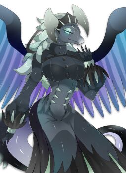  1girl black_dress black_nails black_scales chamber_dragonmaid closed_mouth commentary dragon_girl dragon_tail dragon_wings dragonmaid_cehrmba dress duel_monster furry furry_female highres looking_at_viewer ryuuichirou_(dragonryuusuki) smile solo tail wings yu-gi-oh! 