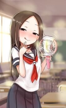  1girl artist_request blush classroom electric_fan female_focus flat_chest highres loli looking_at_viewer naughty_face panties pee_stain school_uniform serafuku sexually_suggestive smell solo stained_panties tagme underwear unworn_panties  rating:Questionable score:90 user:Vampirex