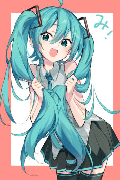  1girl :d absurdres ahoge aqua_eyes aqua_hair aqua_necktie bare_shoulders black_skirt black_thighhighs border collared_shirt commentary_request cowboy_shot grey_shirt hair_between_eyes hair_ornament hatsune_miku highres holding leaning_forward long_hair looking_at_viewer miniskirt necktie open_mouth pink_border pleated_skirt ponshu_(ponshuislife) shirt skirt sleeveless sleeveless_shirt smile solo thighhighs translated twintails twitter_username very_long_hair vocaloid white_background zettai_ryouiki 