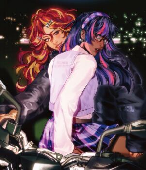  2girls :d aegyo_sal alternate_skin_color arm_support backlighting belt black-framed_eyewear black_hair black_jacket black_sky blonde_hair blue_eyes blunt_bangs blunt_ends blush breasts brown_belt brown_gloves building commentary cowboy_shot crescent crescent_earrings curtained_hair dark-skinned_female dark_skin double-parted_bangs ear_piercing earrings english_commentary from_behind glasses gloves grin hair_between_eyes hair_ornament hairband hairclip hand_on_another's_thigh heart heart_hair_ornament highres jacket jewelry kouxhii lips long_hair long_sleeves looking_at_viewer looking_back miniskirt motor_vehicle motorcycle multicolored_hair multiple_girls my_little_pony my_little_pony:_equestria_girls my_little_pony:_friendship_is_magic night on_motorcycle open_mouth parallel_hairclips piercing pink_hair plaid_clothes plaid_hairband plaid_skirt pleated_skirt puffy_long_sleeves puffy_sleeves purple_eyes purple_hair purple_hairband purple_skirt purple_sweater_vest realistic rectangular_eyewear red_hair school_uniform sci-twi shiny_clothes shirt sidelocks sideways_glance silver_earrings sitting skirt sky sleeves_past_wrists small_breasts smile straight_hair streaked_hair sunset_shimmer sunset_shimmer_(human) sweater_vest thick_eyebrows twilight_sparkle twitter_username two-tone_hair underlighting very_dark_skin wavy_hair white_shirt 