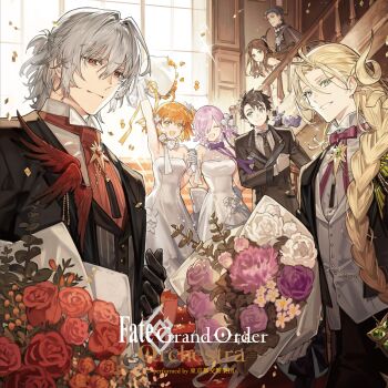  3girls 4boys ^_^ ahoge antonio_salieri_(fate) antonio_salieri_(fgo_orchestra)_(fate) arm_up ascot back_bow black_coat black_gloves black_hair black_necktie black_pants blonde_hair blush bouquet bow bowtie braid brooch brown_hair buttons cd_(source) closed_eyes closed_mouth coat collared_shirt confetti curly_hair double-breasted dress eyes_visible_through_hair fate/grand_order fate_(series) flower footwear_bow fou_(fate) fujimaru_ritsuka_(female) fujimaru_ritsuka_(female)_(fgo_orchestra) fujimaru_ritsuka_(male) fujimaru_ritsuka_(male)_(fgo_orchestra) glove_bow gloves green_eyes grey_hair grey_vest grin hair_between_eyes hair_flower hair_intakes hair_ornament hair_over_one_eye hair_over_shoulder hair_slicked_back half_updo hand_up high_heels highres holding holding_another's_arm holding_bouquet holding_hands holding_smoking_pipe indoors jewelry lapels leonardo_da_vinci_(fate) leonardo_da_vinci_(fate/grand_order) leonardo_da_vinci_(fgo_orchestra)_(fate) leonardo_da_vinci_(rider)_(fate) long_hair long_sleeves looking_at_viewer mash_kyrielight mash_kyrielight_(fgo_orchestra) medium_hair multiple_boys multiple_girls neck_ribbon necktie notched_lapels official_art one_side_up open_clothes open_coat open_mouth orange_eyes orange_flower orange_hair pants parted_bangs purple_bow purple_flower purple_hair purple_ribbon purple_rose railing red_ascot red_eyes red_flower red_rose ribbon rose sherlock_holmes_(fate) sherlock_holmes_(fgo_orchestra)_(fate) shirt shoes short_hair single_braid smile smoking_pipe stairs starshadowmagician strapless strapless_dress third-party_source tie_clip very_long_hair vest white_bow white_dress white_flower white_gloves white_rose white_shirt white_shoes window wing_collar wolfgang_amadeus_mozart_(fate) wolfgang_amadeus_mozart_(fgo_orchestra)_(fate) 