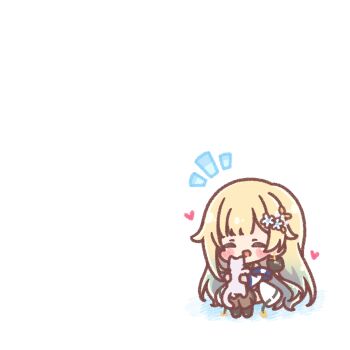  1girl :d ^_^ aizawa_ema animal black_boots blonde_hair blue_hair blush_stickers boots brown_thighhighs cat chibi closed_eyes colored_shadow commentary_request flower gradient_hair hair_flower hair_ornament heart highres holding holding_animal jacket long_hair long_sleeves mitarashi_neko multicolored_hair notice_lines open_mouth shadow simple_background sitting smile solo thighhighs thighhighs_under_boots very_long_hair virtual_youtuber vspo! white_background white_flower white_jacket 