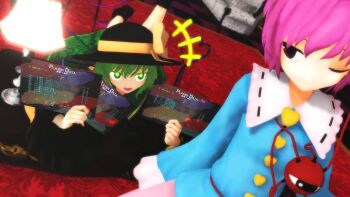  +++ 2girls 3d commentary_request frilled_shirt_collar frills furui green_eyes green_hair hairband hat hat_ribbon heart heart_of_string highres holding komeiji_koishi komeiji_satori long_sleeves looking_to_the_side mikumikudance_(medium) multiple_girls one_eye_closed open_mouth pink_hair purple_hair ribbon short_hair siblings sisters smile third_eye touhou 