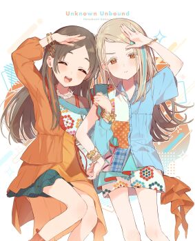  >:) 2girls :d arm_up blonde_hair blue_streaks blush bracelet brown_hair closed_eyes commentary_request gakuen_idolmaster highres holding_another's_arm idolmaster jewelry kuramoto_china long_hair looking_at_viewer michinaru_hirogaru_(idolmaster) multiple_girls open_mouth orange_eyes orange_streaks parted_bangs shinosawa_hiro smile teeth uminokaisen upper_teeth_only v-shaped_eyebrows 