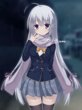  1girl \||/ ahoge arm_behind_back ayachi_nene black_jacket black_thighhighs blurry blurry_background bow bowtie breasts buttons chinese_commentary closed_mouth commentary_request cowboy_shot double-breasted eyes_visible_through_hair grey_hair grey_skirt greyscale hair_between_eyes hair_ribbon hand_up highres huge_ahoge jacket large_breasts light_blush long_hair long_scarf long_sleeves looking_at_viewer making-of_available miniskirt monochrome night outdoors pink_ribbon plaid_clothes plaid_skirt pleated_skirt purple_eyes ribbon sanoba_witch scarf school_uniform sidelocks signature skirt smile solo thighhighs very_long_hair xiaoyin_sama yellow_bow yellow_bowtie zettai_ryouiki 