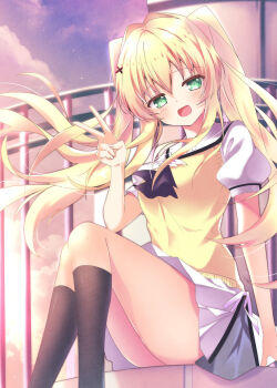  1girl :d arm_at_side ascot black_ascot black_socks blonde_hair blush cloud commentary day feet_out_of_frame floating_hair green_eyes hair_between_eyes hair_intakes hand_up happy highres kneehighs knees_up long_hair looking_at_viewer miniskirt open_mouth outdoors pleated_skirt puffy_short_sleeves puffy_sleeves sailor_collar school_uniform serafuku shirt short_sleeves sidelocks sitting skirt smile socks solo sukonbu385 summer_pockets summer_pockets_school_uniform sweater_vest thighs tsumugi_wenders twintails twitter_username v very_long_hair watermark white_sailor_collar white_serafuku white_shirt white_skirt wind yellow_sweater_vest 