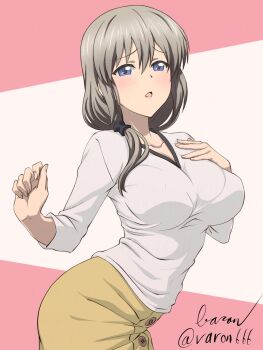  1girl anime_coloring artist_name baron_(varon666) blue_eyes blush breasts collarbone commentary_request grey_hair hair_between_eyes hair_over_shoulder hand_on_own_chest highres large_breasts long_hair mature_female open_mouth pink_background shirt signature skirt uzaki-chan_wa_asobitai! uzaki_tsuki v-neck white_background white_shirt yellow_skirt 