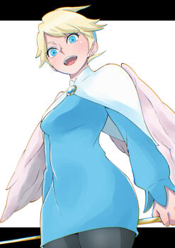  014meran 1girl black_pantyhose blonde_hair blue_eyes breath_of_fire breath_of_fire_iv brooch commentary_request dress feathered_wings hairband highres holding holding_staff jewelry looking_at_viewer nina_(breath_of_fire_iv) open_mouth pantyhose short_hair skirt smile solo staff very_short_hair wings 