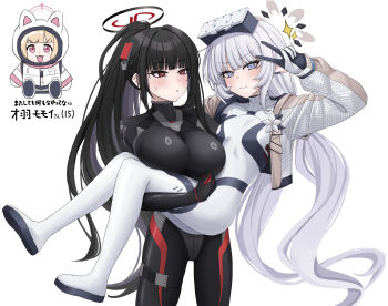  3girls absurdres animal_ear_hood black_bodysuit black_hair blonde_hair blue_archive blush bodysuit breasts carrying closed_mouth commentary doumu_(31678316) fake_animal_ears grey_hair grey_halo halo highres himari_(armed)_(blue_archive) himari_(blue_archive) hood hood_up jacket large_breasts long_hair looking_at_another looking_at_viewer momoi_(blue_archive) momoi_(winter)_(blue_archive) multiple_girls open_clothes open_jacket open_mouth pink_eyes ponytail princess_carry purple_eyes red_eyes red_halo rio_(armed)_(blue_archive) rio_(blue_archive) small_breasts smile v white_bodysuit white_jacket 