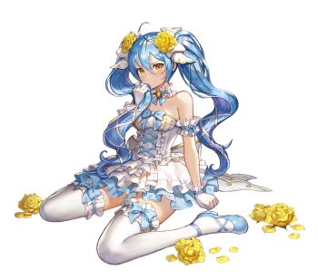  1girl ahoge artist_request back_ribbon blue_choker blue_hair blue_ribbon blue_shoes bride brooch choker colored_petticoat commentary commentary_request criss-cross_strings dress dress_ribbon english_commentary flower frilled_choker frilled_dress frilled_gloves frilled_thighhighs frills full_body gem gloves hair_flower hair_ornament hair_ribbon hand_up highres holding holding_own_hair jewelry king&#039;s_raid korean_commentary large_ribbon layered_dress long_hair microdress mixed-language_commentary official_alternate_costume official_art petals pout ribbon ribbon-trimmed_thighhighs ribbon_choker ribbon_trim second-party_source shoes simple_background sitting solo sonia_(king&#039;s_raid) thighhighs tress_ribbon twintails very_long_hair waist_ribbon wariza wedding_dress white_background white_choker white_gloves white_ribbon white_thighhighs yellow_eyes yellow_flower yellow_gemstone 