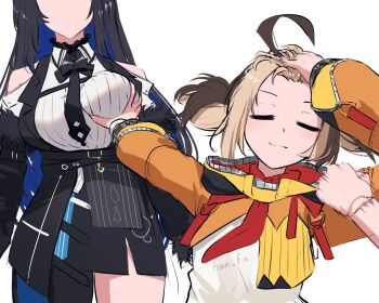  3girls :3 artist_name asymmetrical_legwear bare_shoulders black_hair breasts cecilia_immergreen closed_eyes closed_mouth collared_shirt colored_inner_hair commentary cowboy_shot doll_joints dot_nose english_commentary faceless facing_viewer fian_f.n flat_chest gigi_murin grabbing_another's_breast groping hand_in_own_hair hololive hololive_english imminent_punch joints large_breasts meme multicolored_hair multiple_girls naoya_hitting_choso_without_looking_(meme) nerissa_ravencroft ribbed_shirt shirt simple_background smug virtual_youtuber white_background white_shirt 