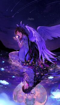  1girl aria_(genshin_impact) bare_shoulders black_hair blue_flower canon_(genshin_impact) closed_eyes columbina_(genshin_impact) commentary_request different_reflection dress eye_mask feathered_wings flower from_side genshin_impact hands_up highres long_hair mask multicolored_hair night omces96 on_water outdoors purple_eyes purple_hair reflection shooting_star signature sitting sky solo sonnet_(genshin_impact) star_(sky) starry_sky twitter_username unusually_open_eyes very_long_hair water white_dress white_wings wings 