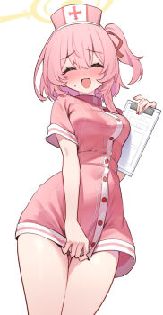  1girl ^_^ blue_archive blush breasts clipboard closed_eyes clothes_pull commentary_request cowboy_shot dress dress_pull dress_tug embarrassed facing_viewer fang feather_hair from_below hair_between_eyes hair_ornament halo hat highres holding holding_clipboard medium_breasts nose_blush nurse nurse_cap official_alternate_costume one_side_up open_mouth pink_dress pink_hair pink_hat serina_(blue_archive) serina_(nurse)_(blue_archive) short_sleeves simple_background smile solo standing sweatdrop ushimittsu white_background yellow_halo 