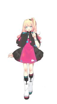  1girl absurdres animal_ear_hood animal_ears animal_print black_cloak black_dress black_socks blonde_hair blue_eyes blue_ribbon bluerancel blunt_bangs boots bracelet character_request cloak commentary_request dot_nose dress eyelashes fake_animal_ears full_body hair_ornament high_side_ponytail highres hood hood_down hooded_cloak jewelry kneehighs knees long_hair neck_ribbon open_mouth pink_ribbon pink_tabard pom_pom_(clothes) rabbit_ears rabbit_print ribbon short_dress smile socks solo standing tabard tachi-e tareme teeth transparent_background two-tone_ribbon upper_teeth_only utau v white_boots 