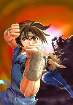  1girl 2boys 3boys abs absurdres arm_up bandaged_arm bandages belt blue_pants breasts brown_belt brown_eyes brown_hair brown_jacket brown_shoes clenched_hands commentary_request denim dougi fighting_stance hachimaki headband highres jacket japanese_clothes kimono large_breasts long_hair looking_at_viewer low_ponytail matsuena_shun multiple_boys official_art open_clothes open_jacket pants ponytail sakaki_shio shijou_saikyou_no_deshi_ken'ichi shirahama_ken'ichi shoes short_hair silhouette sitting sleeveless sleeveless_kimono sleeves_pushed_up white_dougi 