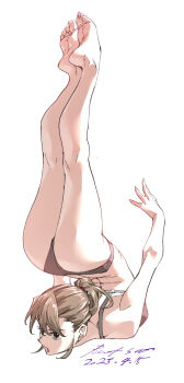  1girl ass barefoot black_panties breasts brown_eyes brown_hair chest_stand exercising feet flexible full_body highres legs looking_to_the_side nabipenciller original panties ponytail small_breasts soles solo sports_bra toes underwear 