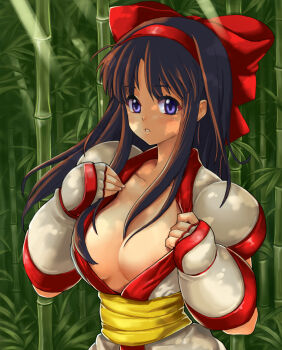  1girl ainu_clothes alternate_breast_size areola_slip bad_id bad_pixiv_id bamboo bamboo_forest black_hair bow breasts cleavage cleavage_reach clothes_pull dappled_sunlight female_focus fingerless_gloves forest gloves hair_bow hairband highres hime_cut large_breasts long_hair nakoruru nature no_bra parted_lips puffy_short_sleeves puffy_sleeves pulling_own_clothes red_bow samurai_spirits sash serin199 short_sleeves snk solo sunlight teasing the_king_of_fighters undressing  rating:Questionable score:11 user:danbooru