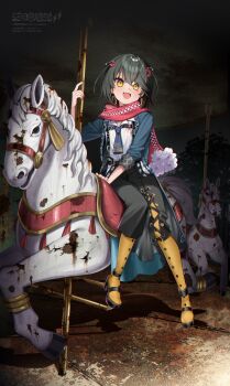  1boy absurdres belt black_hair black_pants black_shoes blue_coat blue_neckerchief blush carousel coat collared_shirt commentary_request crack cross-laced_pants earrings edajima_denki flower full_body hair_between_eyes hair_ornament highres holding holding_pole hoop_earrings jewelry long_sleeves male_focus mashiro_meme mashiro_meme_(1st_costume) neckerchief nijisanji open_mouth pants pantyhose pole red_scarf riding saddle scarf shirt shoes sidesaddle solo two_side_up virtual_youtuber watermark white_flower white_shirt yellow_eyes yellow_pantyhose 